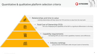 © 2024 Sitecore Corporation A/S.
4
• Relationships and time to value
– existing relationships will help reduce the TCO and time to value from the new build.
• Total Cost of Ownership (TCO)
- the cost of deploying the capabilities of the DXP is a significant differentiator in the long
run.
• Capability requirements
- the leading DXPs are close in their capabilities; however, some differences
exist
• Industry rankings
- going outside of the leaders adds risk past 3 years of ownership
Quantitative & qualitative platform selection criteria
 