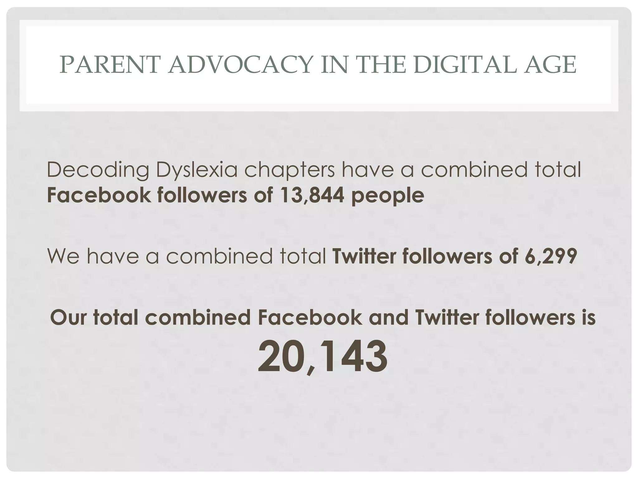 PARENT ADVOCACY IN THE DIGITAL AGE

Decoding Dyslexia chapters have a combined total
Facebook followers of 13,844 people

We have a combined total Twitter followers of 6,299
Our total combined Facebook and Twitter followers is

20,143

 