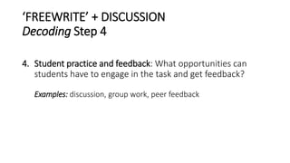 ‘FREEWRITE’ + DISCUSSION
Decoding Step 4
4. Student practice and feedback: What opportunities can
students have to engage ...