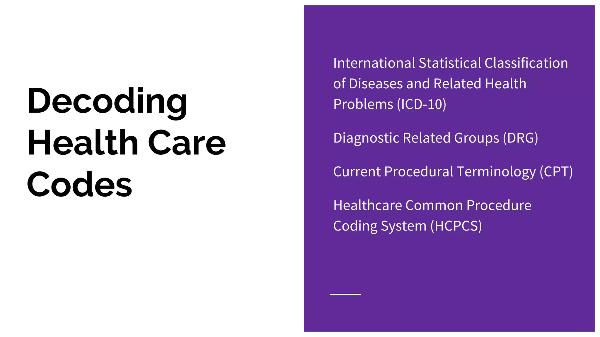 Decoding
Health Care
Codes
International Statistical Classification
of Diseases and Related Health
Problems (ICD-10)
Diagnostic Related Groups (DRG)
Current Procedural Terminology (CPT)
Healthcare Common Procedure
Coding System (HCPCS)
 