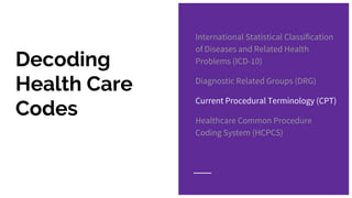 Decoding
Health Care
Codes
International Statistical Classification
of Diseases and Related Health
Problems (ICD-10)
Diagnostic Related Groups (DRG)
Current Procedural Terminology (CPT)
Healthcare Common Procedure
Coding System (HCPCS)
 