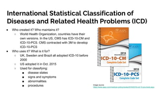 International Statistical Classification of
Diseases and Related Health Problems (ICD)
● Who created it? Who maintains it?
○ World Health Organization, countries have their
own versions. In the US, CMS has ICD-10-CM and
ICD-10-PCS. CMS contracted with 3M to develop
ICD-10-PCS
● Who uses it? What is it for?
○ UK, Sweden and Brazil all adopted ICD-10 before
2000
○ US adopted it in Oct. 2015
○ Used for classifying:
■ disease states
■ signs and symptoms
■ abnormalities
■ procedures Image source:
https://www.aapc.com/medical-coding-books/2016/2016-icd-10-pcs-book.aspx
 