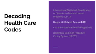 Decoding
Health Care
Codes
International Statistical Classification
of Diseases and Related Health
Problems (ICD-10)
Diagnostic Related Groups (DRG)
Current Procedural Terminology (CPT)
Healthcare Common Procedure
Coding System (HCPCS)
 