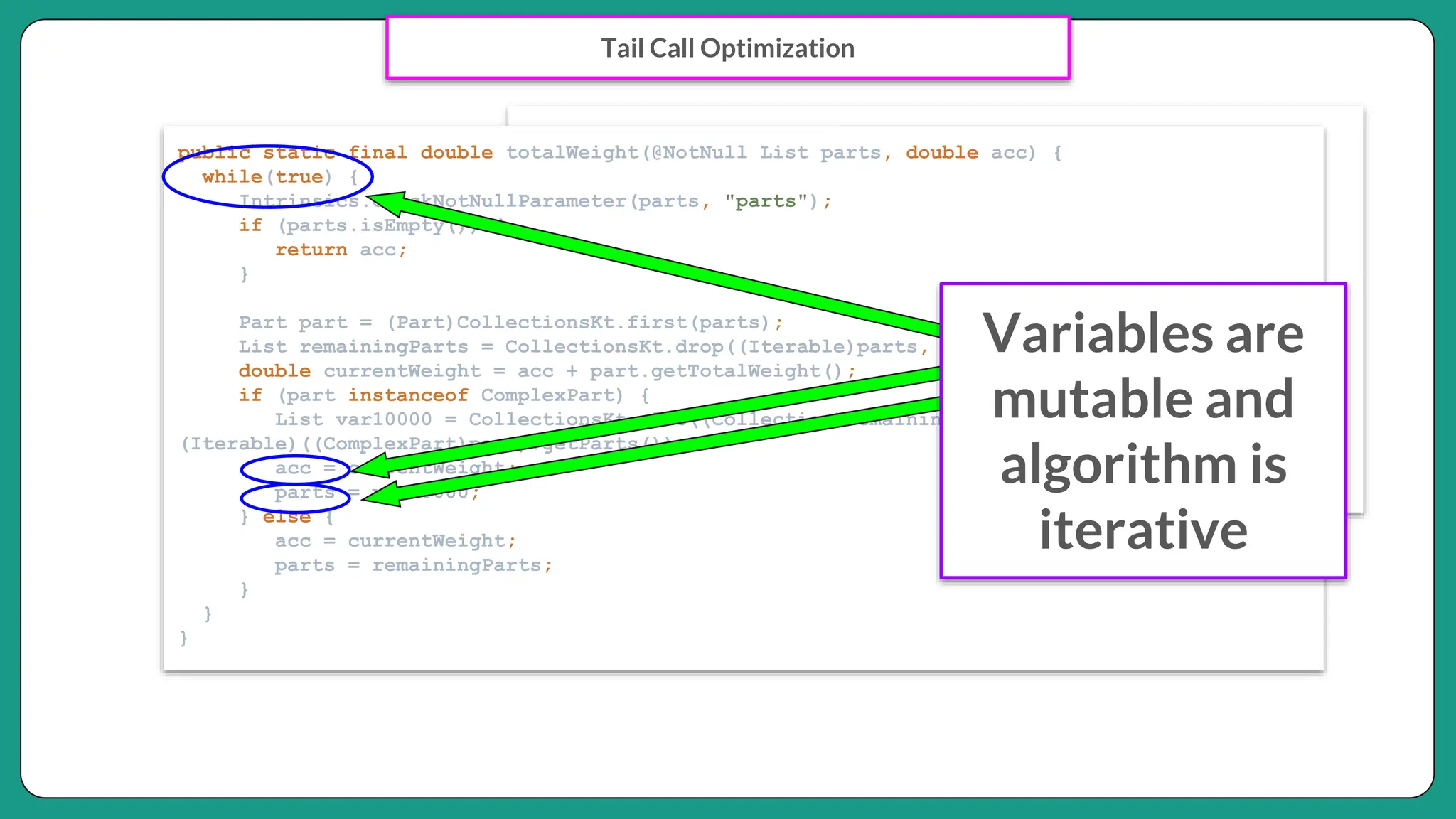Tail Call Optimization
tailrec fun totalWeight(parts: List<Part>, acc: Double =
0.0): Double {
if (parts.isEmpty()) {
return acc
}
val part = parts.first()
val remainingParts = parts.drop(1)
val currentWeight = acc + part.totalWeight
return when (part) {
is ComplexPart -> totalWeight(remainingParts +
part.parts, currentWeight)
else -> totalWeight(remainingParts, currentWeight)
}
}
public static final double totalWeight(@NotNull List parts, double acc) {
while(true) {
Intrinsics.checkNotNullParameter(parts, "parts");
if (parts.isEmpty()) {
return acc;
}
Part part = (Part)CollectionsKt.first(parts);
List remainingParts = CollectionsKt.drop((Iterable)parts, 1);
double currentWeight = acc + part.getTotalWeight();
if (part instanceof ComplexPart) {
List var10000 = CollectionsKt.plus((Collection)remainingParts,
(Iterable)((ComplexPart)part).getParts());
acc = currentWeight;
parts = var10000;
} else {
acc = currentWeight;
parts = remainingParts;
}
}
}
Variables are
mutable and
algorithm is
iterative
 