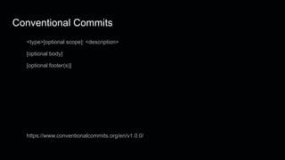 Conventional Commits
<type>[optional scope]: <description>
[optional body]
[optional footer(s)]
https://www.conventionalcommits.org/en/v1.0.0/
 