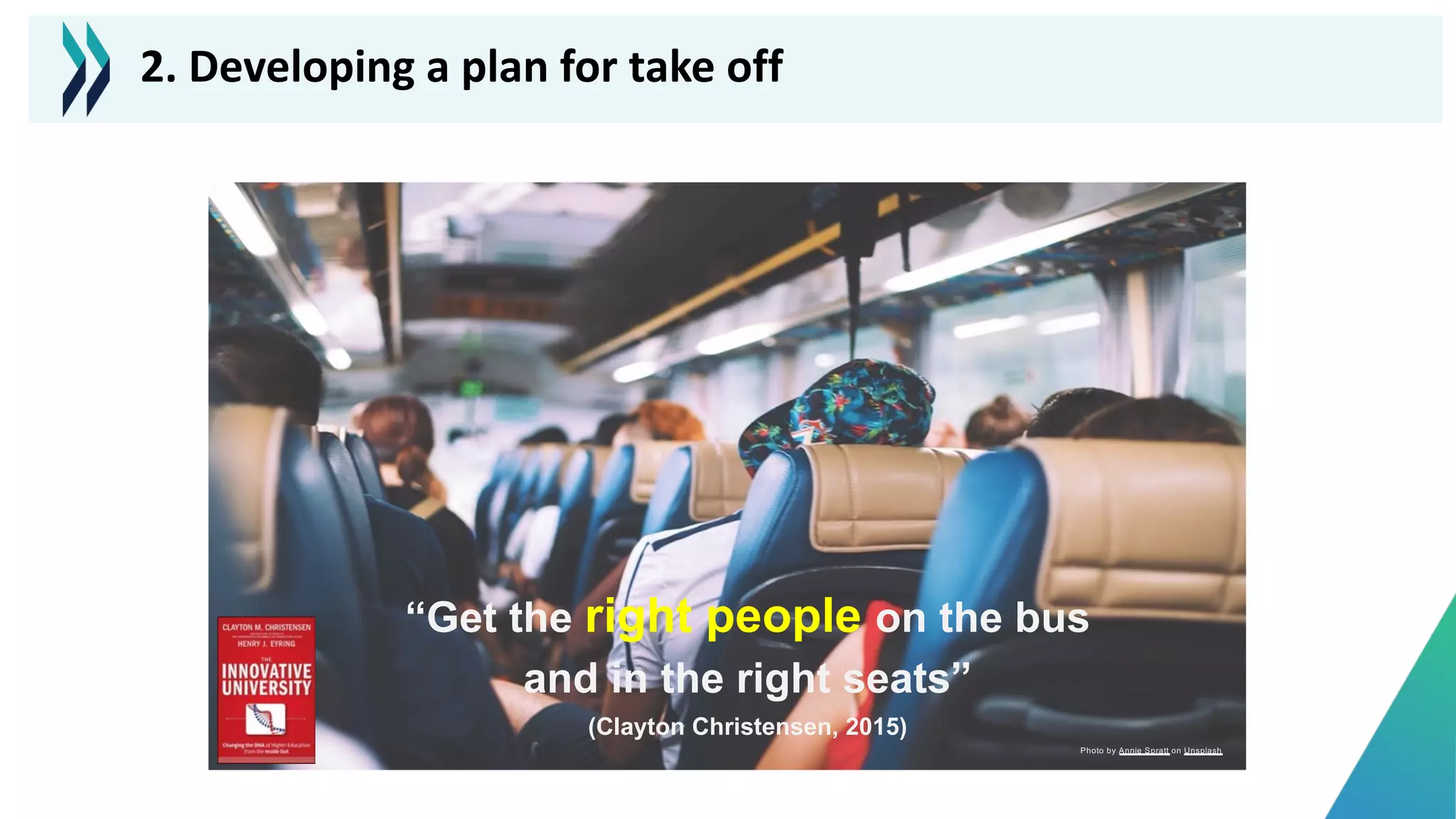 Photo by Annie Spratt on Unsplash
“Get the right people on the bus
and in the right seats”
(Clayton Christensen, 2015)
2. Developing a plan for take off
 