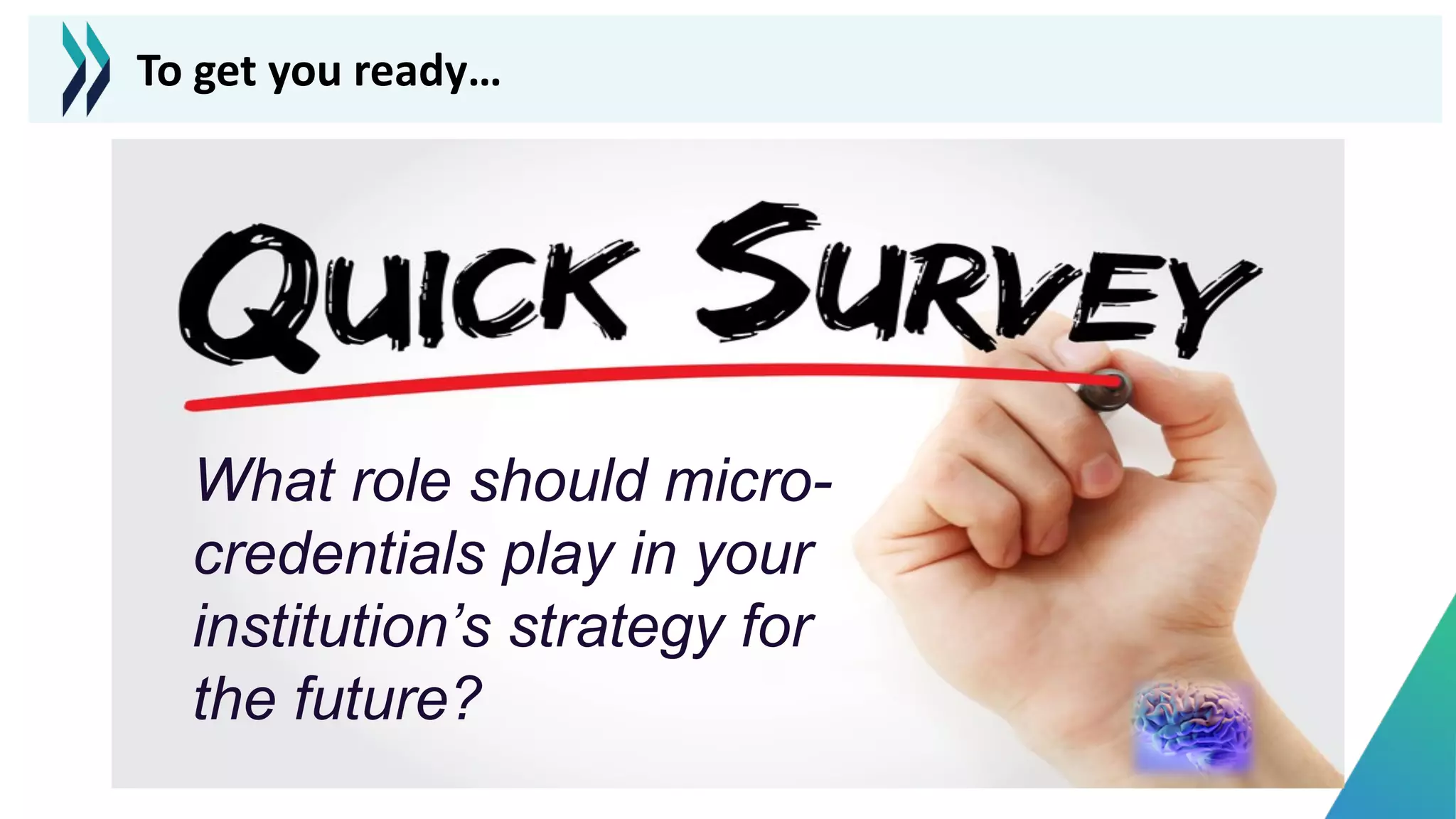 What role should micro-
credentials play in your
institution’s strategy for
the future?
To get you ready…
 