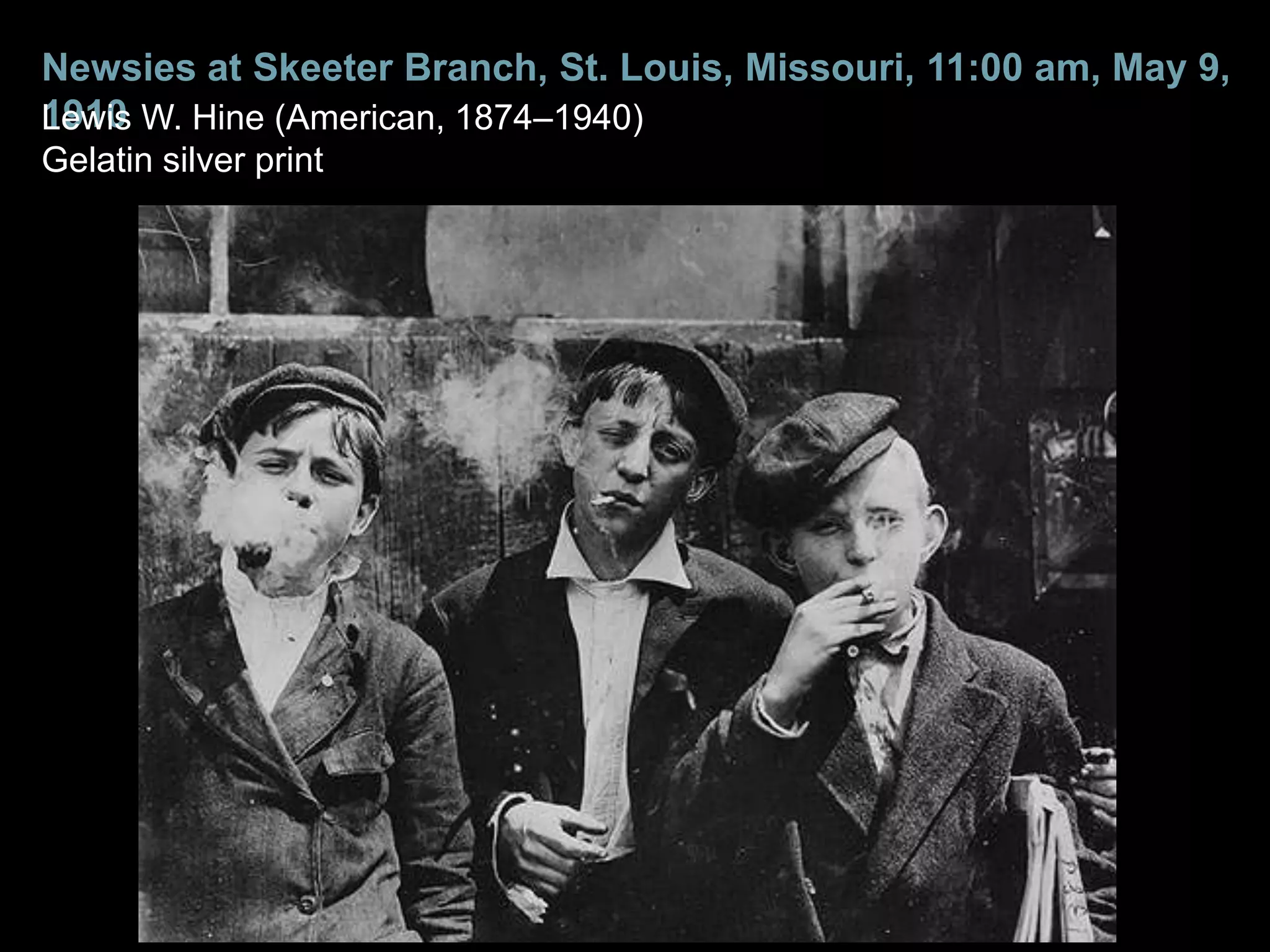 Newsies at Skeeter Branch, St. Louis, Missouri, 11:00 am, May 9,
1910
Lewis W. Hine (American, 1874–1940)
Gelatin silver print
 
