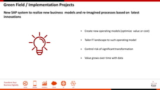 Transform Your
Business Digitally
Social Mobile Analytics Cloud AI IoT
Green Field / Implementation Projects
New SAP system to realize new business models and re-imagined processes based on latest
innovations
 Create new operating models (optimize value or cost)
 Tailor IT landscape to such operating model
 Control risk of significant transformation
 Value grows over time with data
 