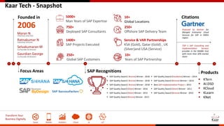 Transform Your
Business Digitally
Social Mobile Analytics Cloud AI IoT
Kaar Tech - Snapshot
Founded in
2006
Maran N
Chairman and CEO
Ratnakumar N
Executive Director
Selvakumaran M
Co-founder & Director
Gaurdian George
Co-founder & Director
Citations
Featured by Gartner for
Manged Enterprise Cloud
Services for SAP in EMEA
region
TOP 5 SAP Consulting and
Implementation Services
provider in the Middle East
with more than 20% market
share
SAP Recognitions
 SAP Quality Award ( Bronze) Winner - 2018
 SAP Quality Award ( Bronze) Winner - 2018
 SAP Quality Award ( Bronze) Winner - 2018
 SAP Quality Award (Silver) Winner - 2016
 SAP Quality Award (Silver) Winner - 2015
 SAP Quality Award (Bronze) Winner - 2015
1400+
SAP Projects Executed
10+
Global Locations
10+
Years of SAP Partnership
750+
Deployed SAP Consultants
250+
Global SAP Customers
250+
Offshore SAP Delivery Team
Service & VAR Partnerships
KSA (Gold), Qatar (Gold) , UK
(Silver)and USA (Service)
5000+
Man Years of SAP Expertise
Products
 KTern
 AI.DSD
 KCloud
 KLearn
 KNet
Focus Areas
 SAP Quality Award (Excellence) Winner – 2014
 SAP Quality Award (Bronze) Winner – 2014
 Best SAP Implementation Project – 2013
 SAP Quality Award (Silver) Winner - 2011
 SAP Quality Award (Bronze) Winner - 2010
 