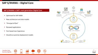 Transform Your
Business Digitally
Social Mobile Analytics Cloud AI IoT
SAP S/4HANA – Digital Core
SAP S/4HANA is SAP’s next generation Digital Core
 Optimized for SAP HANA
 New architecture and data models
 “Principal of One”
 Renewed applications
 Fiori based User Experience
 Cloud & on-premise deployment models
 