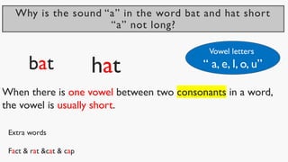 Why is the sound “a” in the word bat and hat short
“a” not long?
bat
When there is one vowel between two consonants in a word,
the vowel is usually short.
hat
Extra words
Fact & rat &cat & cap
Vowel letters
“ a, e, I, o, u”
 
