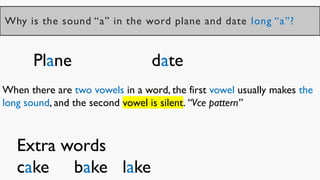Why is the sound “a” in the word plane and date long “a”?
Plane date
When there are two vowels in a word, the first vowel usually makes the
long sound, and the second vowel is silent. “Vce pattern”
Extra words
cake bake lake
 
