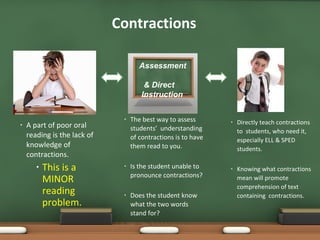 A part of poor oral reading is the lack of knowledge of contractions.  This is a MINOR reading problem. The best way to assess students’  understanding of contractions is to have them read to you.  Is the student unable to pronounce contractions? Does the student know what the two words stand for? Directly teach contractions to  students, who need it, especially ELL & SPED students.  Knowing what contractions mean will promote comprehension of text containing  contractions.   Contractions Assessment  & Direct  Instruction 