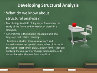What do we know about structural analysis? Morphology is a field of linguistics focused on the study of the forms and formation of words in a language.  A  morpheme  is the smallest indivisible unit of a language that retains meaning. Any time a student learns a new word and immediately comes up with any number of forms for that word – past tense, plural, a noun form – they are applying the rules of morphology subconsciously to determine what the new form should be. Developing Structural Analysis 