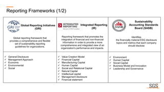 ✓ General Disclosure
✓ Management Approach
✓ Economic
✓ Environmental
✓ Social
✓ Value Creation Model
✓ Financial Capital
✓ Manufacturing Capital
✓ Human Capital
✓ Social and Relational Capital
✓ Natural Capital
✓ Intellectual capital
✓ Management disclosure
✓ Financial statement
✓ Environment
✓ Human Capital
✓ Social Capital
✓ Business Model and Innovation
✓ Leadership and Governance
Reporting Frameworks (1/2)
Global Reporting Initiatives
(GRI)
Integrated Reporting
(IR)
Sustainability
Accounting Standards
Board (SASB)
Identifies
the financially material ESG disclosure
topics and metrics that each company
should disclose
Global reporting framework that
provides a comprehensive and flexible
set of sustainability reporting
guidelines for organizations.
Reporting framework that promotes the
integration of financial and non-financial
information in order to provide a more
comprehensive and integrated view of an
organization's performance and impacts.
 