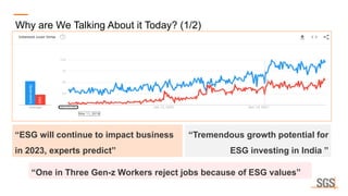 Why are We Talking About it Today? (1/2)
Sustainability
ESG
“ESG will continue to impact business
in 2023, experts predict”
“Tremendous growth potential for
ESG investing in India ”
“One in Three Gen-z Workers reject jobs because of ESG values”
 