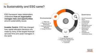 Is Sustainability and ESG same?
ESG framework helps stakeholders
understand how an organization
manages risks and opportunities
around sustainability issues
Investor Centric: ESG has changed
how capital allocation decisions are
made by many of the largest financial
services firms and asset managers in
the world
Environmental
▪ Water Use
▪ Resource Use &
Biodiversity
▪ Waste generation &
Recycling
▪ Energy Emissions
Governance
▪ Board Composition
▪ Board
Independence
▪ Functioning &
Experience
▪ Management track
record & control
▪ Disclosure &
Shareholder
relations
▪ Compliance &
controversy checks
Social
▪ Employee Management
▪ Supply Chain Management
▪ Communities
▪ Customers
 