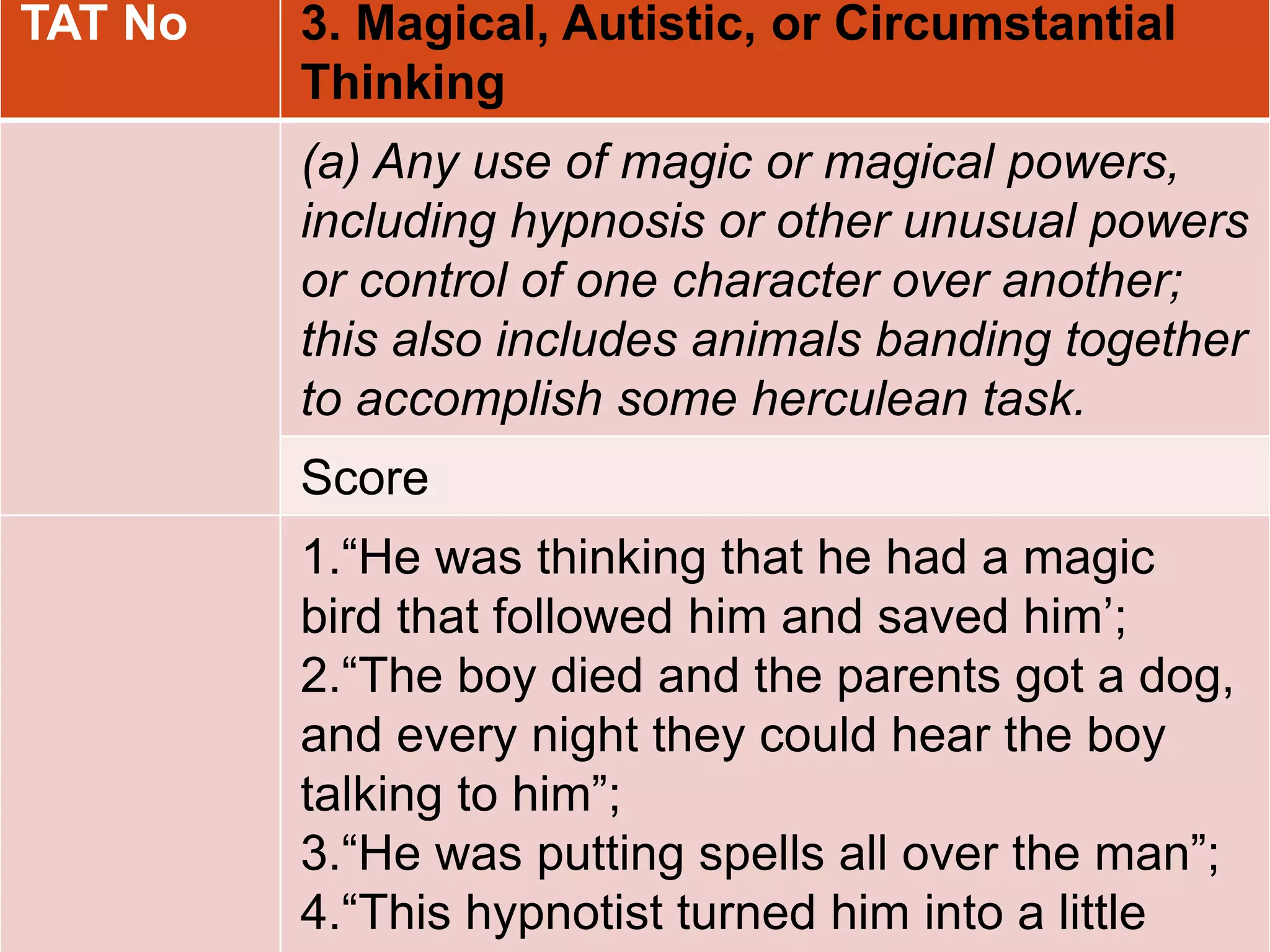 TAT No 3. Magical, Autistic, or Circumstantial
Thinking
(a) Any use of magic or magical powers,
including hypnosis or other unusual powers
or control of one character over another;
this also includes animals banding together
to accomplish some herculean task.
Score
1.“He was thinking that he had a magic
bird that followed him and saved him’;
2.“The boy died and the parents got a dog,
and every night they could hear the boy
talking to him”;
3.“He was putting spells all over the man”;
4.“This hypnotist turned him into a little
 