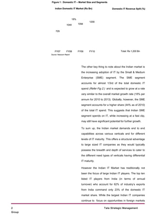 Figure 1 : Domestic IT – Market Size and Segments

            Indian Domestic IT Market (Rs Bn)                        Domestic IT Revenue Split (%)



                                 18%
                                                1200
                          1044         1094


             729




            FY07          FY08         FY09     FY10                         Total: Rs 1,200 Bn
        Source: Nasscom Report




                                         The other key thing to note about the Indian market is

                                         the increasing adoption of IT by the Small & Medium

                                         Enterprise     (SME)    segment.   The    SME     segment

                                         accounts for almost 1/3rd of the total domestic IT

                                         spend (Refer Fig 2.) and is expected to grow at a rate

                                         very similar to the overall market growth rate (18% per

                                         annum for 2010 to 2013). Globally, however, the SME

                                         segment accounts for a higher share (44% as of 2010)

                                         of the total IT spend. This suggests that Indian SME

                                         segment spends on IT, while increasing at a fast clip,

                                         may still have significant potential for further growth.

                                         To sum up, the Indian market demands end to end

                                         capabilities across various verticals and for different

                                         levels of IT maturity. This offers a structural advantage

                                         to large sized IT companies as they would typically

                                         possess the breadth and depth of services to cater to

                                         the different need types of verticals having differential

                                         IT maturity.

                                         However the Indian IT Market has traditionally not

                                         been the focus of large Indian IT players. The top ten

                                         listed IT players from India (in terms of annual

                                         turnover) who account for 62% of industry’s exports

                                         from India command only 23% of the domestic IT

                                         market share. While the largest Indian IT companies

                                         continue to focus on opportunities in foreign markets

2                                                               Tata Strategic Management
Group
 