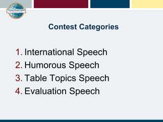 Contest Categories
1. International Speech
2. Humorous Speech
3. Table Topics Speech
4. Evaluation Speech
 