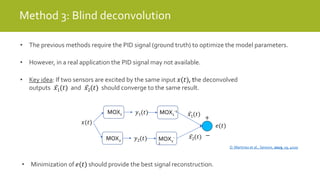 Method 3: Blind deconvolution
D. Martinez et al., Sensors, 2019, 19, 4029
• The previous methods require the PID signal (ground truth) to optimize the model parameters.
• However, in a real application the PID signal may not available.
• Key idea: If two sensors are excited by the same input 𝑥(𝑡), the deconvolved
outputs 𝑥1(𝑡) and 𝑥2(𝑡) should converge to the same result.
MOX1
𝑥(𝑡)
𝑦1(𝑡)
𝑦2(𝑡)MOX2
+
−
𝑥1(𝑡)
𝑥2(𝑡)
𝑒(𝑡)
MOX1
-1
MOX2
-
1
• Minimization of 𝑒(𝑡) should provide the best signal reconstruction.
 
