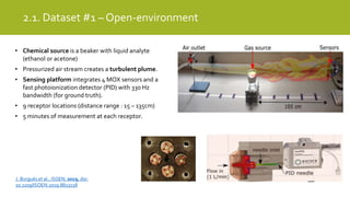 2.1. Dataset #1 – Open-environment
• Chemical source is a beaker with liquid analyte
(ethanol or acetone)
• Pressurized air stream creates a turbulent plume.
• Sensing platform integrates 4 MOX sensors and a
fast photoionization detector (PID) with 330 Hz
bandwidth (for ground truth).
• 9 receptor locations (distance range : 15 – 135cm)
• 5 minutes of measurement at each receptor.
J. Burgués et al., ISOEN, 2019, doi:
10.1109/ISOEN.2019.8823158
 