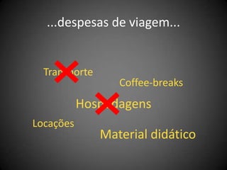 ...despesas de viagem...


  Transporte
                  Coffee-breaks
           Hospedagens
Locações
               Material didático
 