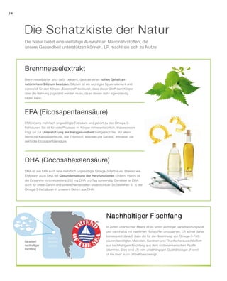 SOUTH
PACIFIC
OCEAN
Nachhaltiger Fischfang
In Zeiten überfischter Meere ist es umso wichtiger, verantwortungsvoll
und nachhaltig mit maritimen Rohstoffen umzugehen. LR achtet daher
konsequent darauf, dass die für die Gewinnung von Omega-3-Fett-
säuren benötigten Makrelen, Sardinen und Thunfische ausschließlich
aus nachhaltigem Fischfang aus dem südamerikanischen Pazifik
stammen. Dies wird LR vom unabhängigen Qualitätssiegel „Friend
of the Sea“ auch offiziell bescheinigt.
DHA (Docosahexaensäure)
DHA ist wie EPA auch eine mehrfach ungesättigte Omega-3-Fettsäure. Ebenso wie
EPA kann auch DHA die Gesunderhaltung der Herzfunktionen fördern. Hierzu ist
die Einnahme von mindestens 250 mg DHA pro Tag notwendig. Daneben ist DHA
auch für unser Gehirn und unsere Nervenzellen unverzichtbar. So bestehen 97 % der
Omega-3-Fettsäuren in unserem Gehirn aus DHA.
Brennnesselextrakt
Brennnesselblätter sind dafür bekannt, dass sie einen hohen Gehalt an
natürlichem Silizium besitzen. Silizium ist ein wichtiges Spurenelement und
essenziell für den Körper. „Essenziell“ bedeutet, dass dieser Stoff dem Körper
über die Nahrung zugeführt werden muss, da er diesen nicht eigenständig
bilden kann.
Garantiert
nachhaltiger
Fischfang
EPA (Eicosapentaensäure)
EPA ist eine mehrfach ungesättigte Fettsäure und gehört zu den Omega-3-
Fettsäuren. Sie ist für viele Prozesse im Körper mitverantwortlich. Insbesondere
trägt sie zur Unterstützung der Herzgesundheit maßgeblich bei. Vor allem
fettreiche Kaltwasserfische, wie Thunfisch, Makrele und Sardine, enthalten die
wertvolle Eicosapentaensäure.
Die Natur bietet eine vielfältige Auswahl an Mikronährstoffen, die
unsere Gesundheit unterstützen können. LR macht sie sich zu Nutze!
Die Schatzkiste der Natur
14
 