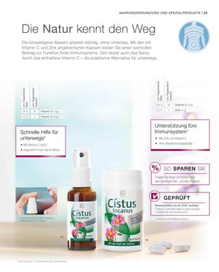 %
03
02
Nahrungsergänzung und Spezialprodukte |
Leichte Dosierung durch direktes
Einsprühen in den Rachen
Die Natur kennt den Weg
Die körpereigene Abwehr arbeitet ständig, ohne Unterlass. Mit den mit
Vitamin C und Zink angereicherten Kapseln leisten Sie einen wertvollen
Beitrag zur Funktion Ihres Immunsystems. Den leistet auch das Spray
durch das enthaltene Vitamin C – die praktische Alternative für unterwegs.
* European Food Safety Authority
proTagesration
NRV
proTagesration
absolut
42 % 5
Vitamin C (mg)
Vitamin E (mg)
38 % 30
proTagesration
NRV
proTagesration
absolut
20 % 2
Vitamin C (mg)
Zink (mg)
100 % 80
Schnelle Hilfe für
unterwegs¹
	Mit Vitamin C und E
	Angenehm frisch durch Minze
Wissenschaftlich von der EFSA* bestätigt:
¹ Vitamin C und Zink tragen zu einer normalen 	
	Funktion des Immunsystems bei.
Unterstützung fürs 	
Immunsystem¹
	Mit Zink und Vitamin C
	Rein pflanzliche Kapselhülle
SO SPAREN Sie
Fragen Sie Ihren LR Partner nach
den günstigen Set- und Abo-Preisen!
Geprüft
29
1
Zink  Vitamin C unterstützen das Immunsystem.
 
