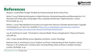 Writing Development Centre. University Library.
References
Bhopal, K. (2018) White Privilege:The Myth of a Postracial Society. Bristol: Policy Press.
Burke, P. (2015) ‘Widening Participation in Higher Education: Racialised Inequalities and Misrecognitions’. In C.
Alexander and J Arday (eds), Aiming Higher: Race, Inequality and Diversity in Higher Education. London:
Runnymeade, pp. 21-4.
Dhillon, S. (2020) ‘Why Neoliberal Universities can’t expect their libraries to facilitate decolonisation’ Copyright
Licensing Agency, 14th April 2020. Available at https://cla.co.uk/blog/higher-education/why-neoliberal-
neoliberal-universities-cant-expect-their-libraries-to-facilitate-decolonisation
Lea, M. and Street, B. (2006). ‘The Academic Literacies Model:Theory and Applications’ Theory into Practice,
45(4) 368-377.
Lillis,T. (2001) StudentWriting: Access, Regulation and Desire. London: Routledge.
Robinson-Pant, A. And Street, B. (2012) ‘Students’ andTutors’ Understanding of ‘New’ Academic Literacy
Practices’ in: M. Castello and C. Donahue (eds). University Writing: Selves andTexts in Academic Societies.
(London: Routledge. 71-92.
 