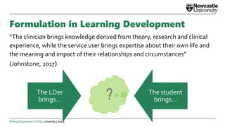 Writing Development Centre. University Library.
Formulation in Learning Development
“The clinician brings knowledge derived from theory, research and clinical
experience, while the service user brings expertise about their own life and
the meaning and impact of their relationships and circumstances”
(Johnstone, 2017)
The LDer
brings…
The student
brings…
?
 