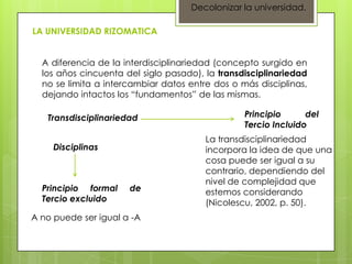 Decolonizar la universidad.

LA UNIVERSIDAD RIZOMATICA


  A diferencia de la interdisciplinariedad (concepto surgido en
  los años cincuenta del siglo pasado), la transdisciplinariedad
  no se limita a intercambiar datos entre dos o más disciplinas,
  dejando intactos los “fundamentos” de las mismas.

   Transdisciplinariedad                         Principio      del
                                                 Tercio Incluido
                                        La transdisciplinariedad
     Disciplinas                        incorpora la idea de que una
                                        cosa puede ser igual a su
                                        contrario, dependiendo del
                                        nivel de complejidad que
  Principio formal    de                estemos considerando
  Tercio excluido                       (Nicolescu, 2002, p. 50).
A no puede ser igual a -A
 