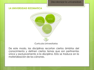 Decolonizar la universidad.

LA UNIVERSIDAD RIZOMATICA



                                          Que leer
                          Temas
                        pertinentes




                                        Que
                                      conocer




                      Curriculos Universitarios

De este modo, las disciplinas recortan ciertos ámbitos del
conocimiento y definen ciertos temas que son pertinentes
única y exclusivamente a la disciplina. Esto se traduce en la
materialización de los cánones.
 