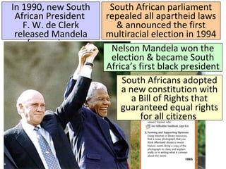 In 1990, new South
African President
F. W. de Clerk
released Mandela
from prison
South African parliament
repealed all apartheid laws
& announced the first
multiracial election in 1994
Nelson Mandela won the
election & became South
Africa’s first black president
South Africans adopted
a new constitution with
a Bill of Rights that
guaranteed equal rights
for all citizens
 