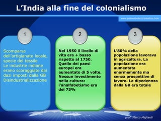 L’India alla fine del colonialismo
                                                       www.polovalboite.it/didattica.htm




          1                          2                            3


Scomparsa                  Nel 1950 il livello di   L’80% della
dell’artigianato locale,   vita era + basso         popolazione lavorava
specie del tessile         rispetto al 1750.        in agricoltura. La
                           Quello dei paesi         popolazione era
Le industrie indiane
                           europei era              aumentata
erano scoraggiate dai      aumentato di 5 volte.    enormemente ma
dazi imposti dalla GB      Nessun investimento      senza prospettive di
Disindustrializzazione     nella cultura:           lavoro. La dipedennza
                           l’analfabetismo era      dalla GB era totale
                           del 75%




                                                          prof. Marco Migliardi
 