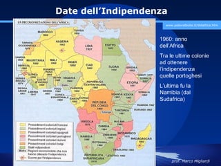 Date dell’Indipendenza
                      www.polovalboite.it/didattica.htm



                    1960: anno
                    dell’Africa
                    Tra le ultime colonie
                    ad ottenere
                    l’indipendenza
                    quelle portoghesi
                    L’ultima fu la
                    Namibia (dal
                    Sudafrica)




                         prof. Marco Migliardi
 