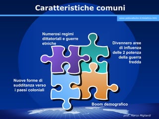 Caratteristiche comuni
                                                   www.polovalboite.it/didattica.htm




               Numerosi regimi
               dittatoriali e guerre
               etniche                          Divennero aree
                                                    di influenza
                                                delle 2 potenza
                                                   della guerra
                                                          fredda



Nuove forme di
sudditanza verso
 i paesi coloniali


                                       Boom demografico

                                                      prof. Marco Migliardi
 
