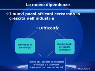 Le nuove dipendenze
                                                   www.polovalboite.it/didattica.htm

 I nuovi paesi africani cercarono la
  crescita nell’industria

                    Difficoltà:



     Mancanza di                        Mancanza di
      tecnologie                         personale
                                         qualificato




             Furono così costretti ad importare
                 tecnologie e a dipendere
              totalmente dai paesi occidentali
                                                       prof. Marco Migliardi
 