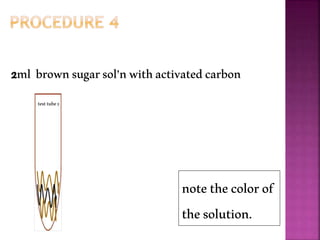 2ml brownsugarsol’nwithactivatedcarbon
testtube2
notethecolorof
thesolution.
 