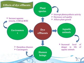 5
Dye
effluents
Plant
species
Aquatic
animals
Human
beings
Environmen
t
 Interrupt photosynthesis activity
 Decreases so...