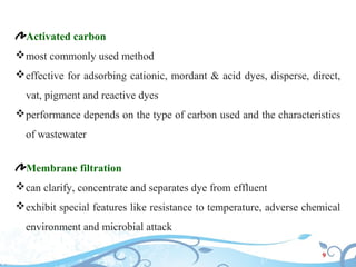 Activated carbon
most commonly used method
effective for adsorbing cationic, mordant & acid dyes, disperse, direct,
vat,...