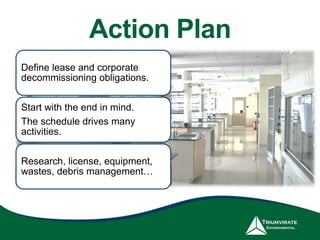 Action Plan
Start with the end in mind.
The schedule drives many
activities.
Define lease and corporate
decommissioning obligations.
Research, license, equipment,
wastes, debris management…
 