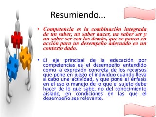Resumiendo...
• Competencia es la combinación integrada
  de un saber, un saber hacer, un saber ser y
  un saber ser con los demás, que se ponen en
  acción para un desempeño adecuado en un
  contexto dado.

• El eje principal de la educación por
  competencias es el desempeño entendido
  como la expresión concreta de los recursos
  que pone en juego el individuo cuando lleva
  a cabo una actividad, y que pone el énfasis
  en el uso o manejo de lo que el sujeto debe
  hacer de lo que sabe, no del conocimiento
  aislado, en condiciones en las que el
  desempeño sea relevante.
 
