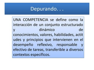 Depurando. . .
UNA COMPETENCIA se define como la
interacción de un conjunto estructurado
y               dinámico                 de
conocimientos, valores, habilidades, actit
udes y principios que intervienen en el
desempeño reflexivo, responsable y
efectivo de tareas, transferible a diversos
contextos específicos.
 