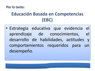 Por lo tanto:




• Estrategia educativa que evidencia el
  aprendizaje de conocimientos, el
  desarrollo de habilidades, actitudes y
  comportamientos requeridos para un
  desempeño.
 