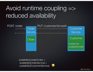 @crichardson
Avoid runtime coupling =>
reduced availability
Order
Service
Customer
Service
PUT /customer/id/credit
availability(createOrder) =
availability(OrderService) x
availability(CustomerService)
POST /order
😢
Order Customer
creditLimit
availableCredit
 