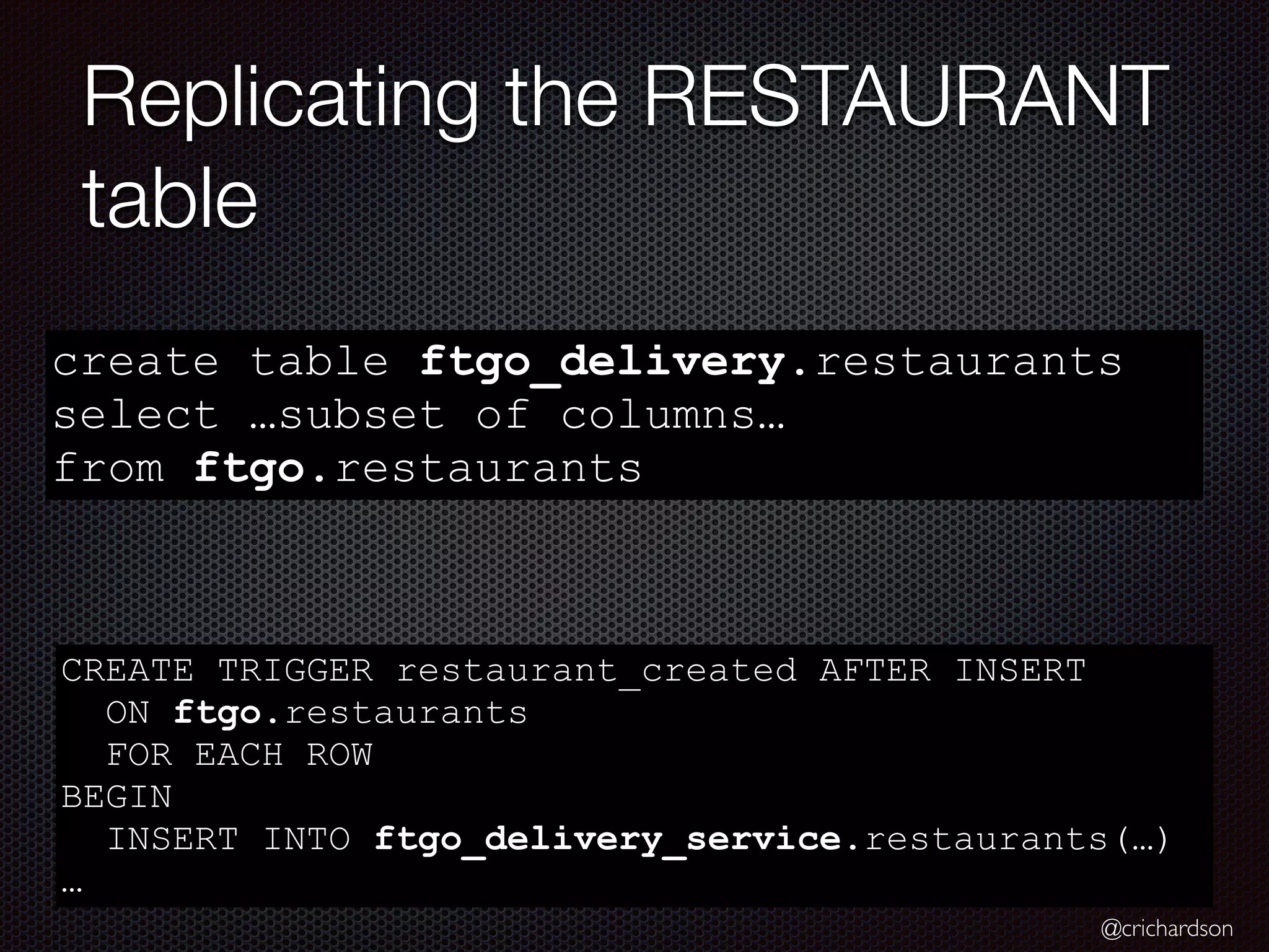 @crichardson
Replicating the RESTAURANT
table
create table ftgo_delivery.restaurants
select …subset of columns…
from ftgo.restaurants
CREATE TRIGGER restaurant_created AFTER INSERT
ON ftgo.restaurants
FOR EACH ROW
BEGIN
INSERT INTO ftgo_delivery_service.restaurants(…)
…
 