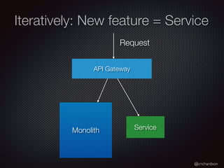 @crichardson
Iteratively: New feature = Service
Monolith Service
API Gateway
Request
 