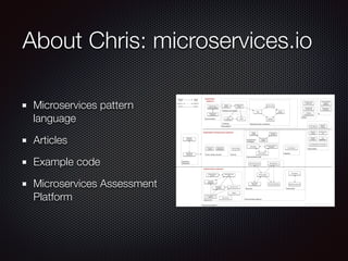 About Chris: microservices.io
Microservices pattern
language
Articles
Example code
Microservices Assessment
Platform
 
